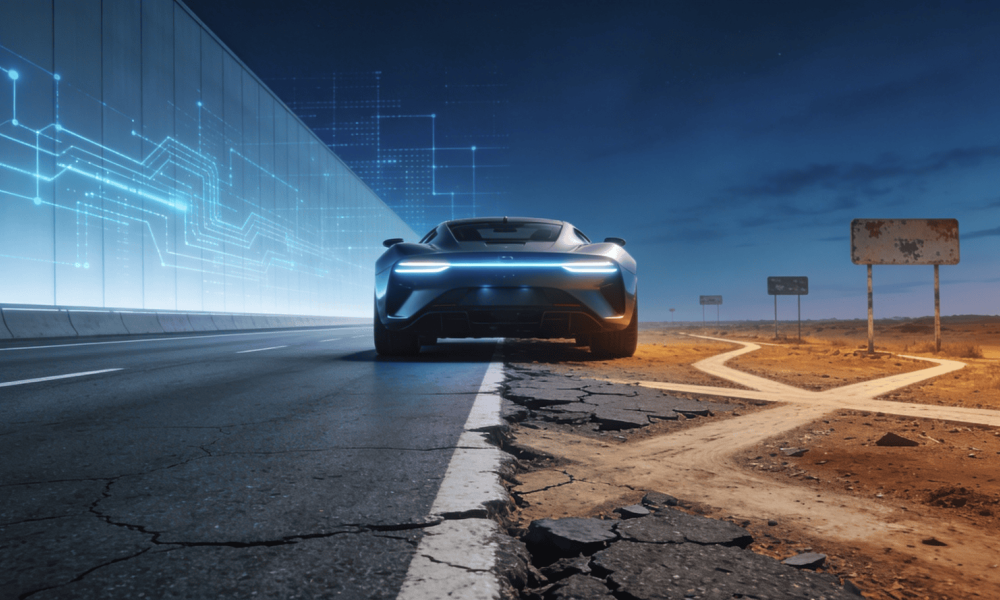 Illustration of a sports car with no roads – the clinical research industry buying sports cars and ignoring the roads
