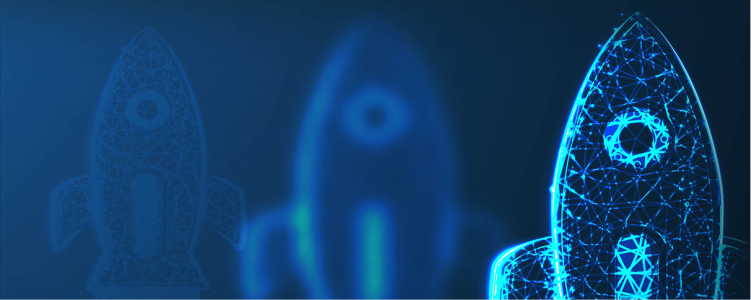 A stylized wireframe rocket, launching like the entimo web site is launching