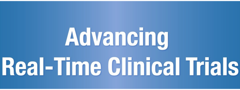 On a blue background, the words "Advancing Real-Time Clinical Trials" in white letters