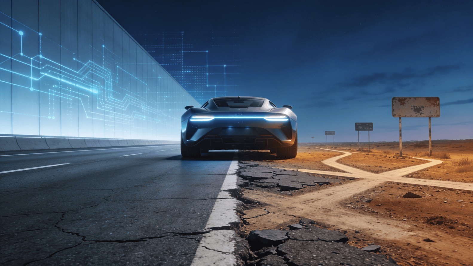 Illustration of a sports car with no roads – the clinical research industry buying sports cars and ignoring the roads
