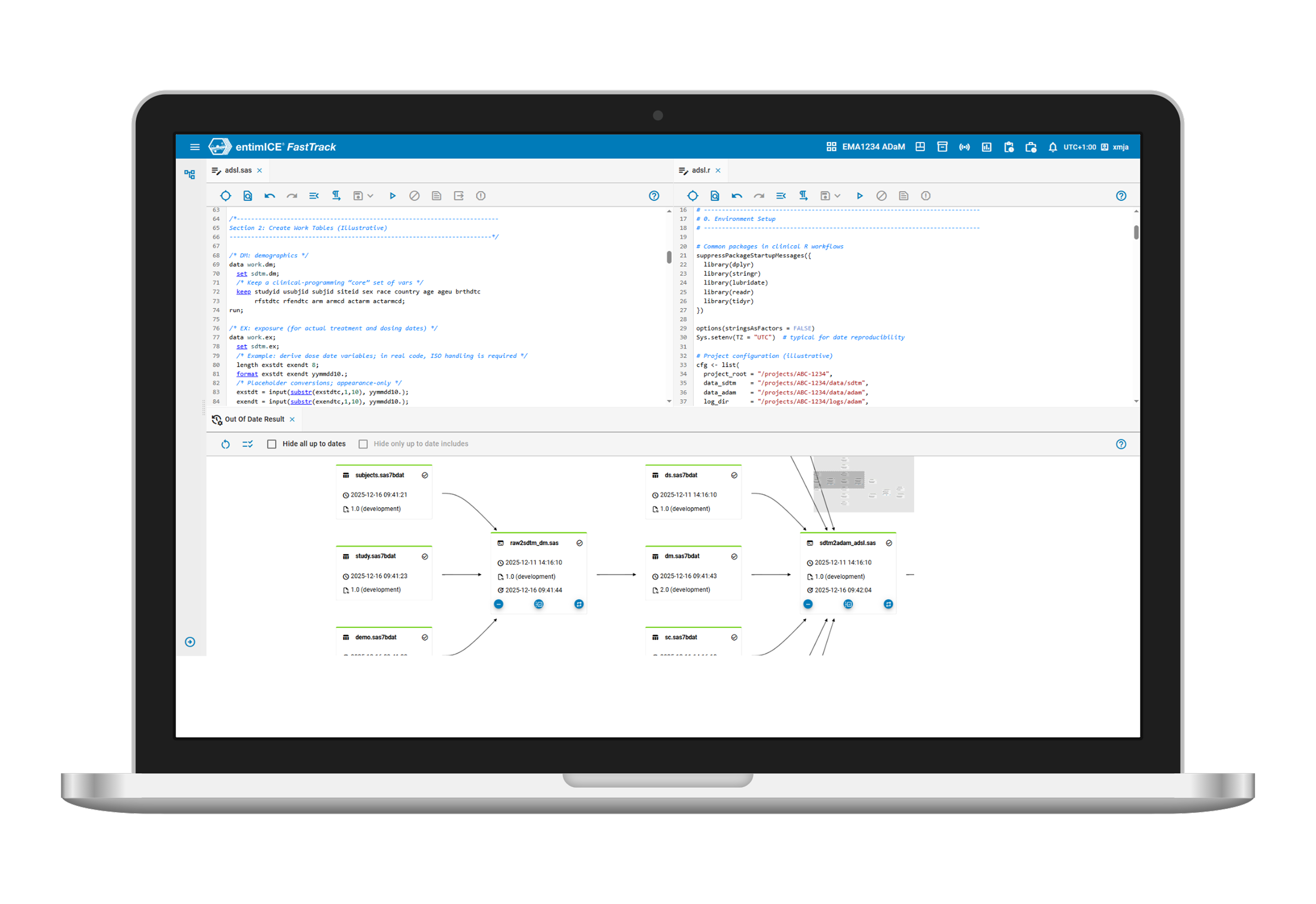A laptop computer showing a screenshot of entimICE FastTrack, a cloud-native statistical computing environment