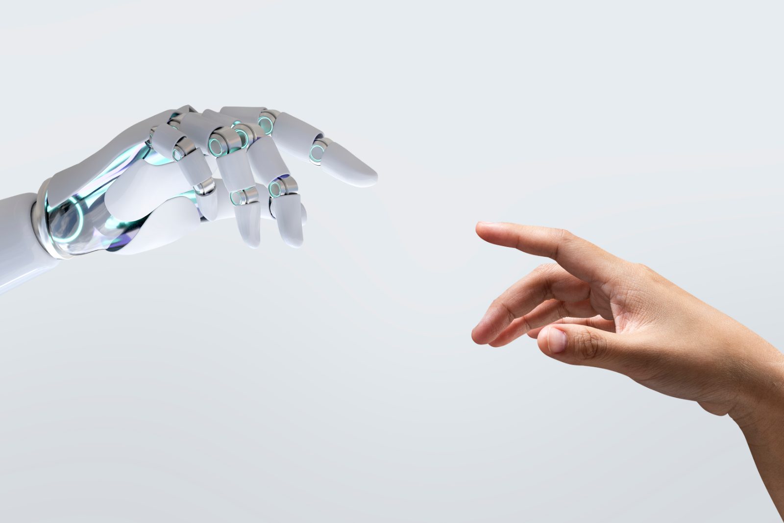 Robotic hand and human hand reaching toward each other – AI in statistical programming