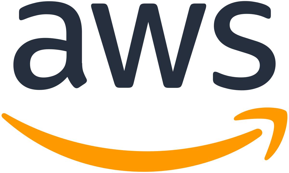 The logo of aws, the three letters in lower-case black under which runs the Amazon swoosh in orange