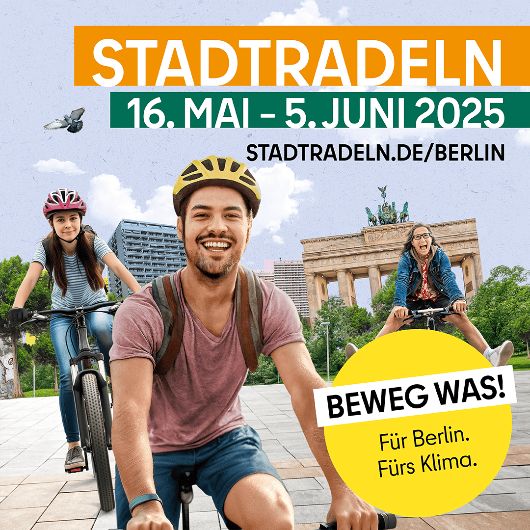 Poster for 2025 Stadtradeln showing three bicyclists in front of a collage of Berlin landmarks