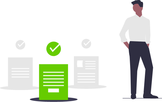 Silhouette illustration of a man looking at pages, each marked with a check, symbolizing the powerful search capabilities of the entimICE Indexing Server
