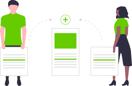 Stylized illustration of two people, one male and one female. They hold pages of text and bring them together to create a third, symbolizing the different aspects of entimICE Enterprise Data Access..