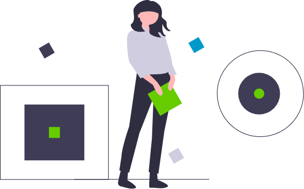 A stylized illustration of a person holding a green square while looknig at other shapes such as circles and squares, symbolizing the adaptability of entimo's statistical computing environment
