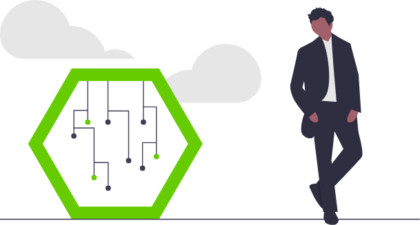 A stylized illustrtion of a person in business attire looking at the outline of a hexagon, which contains an interlinked tree diagram, a symbol of integrating different components of a statistical computing environment