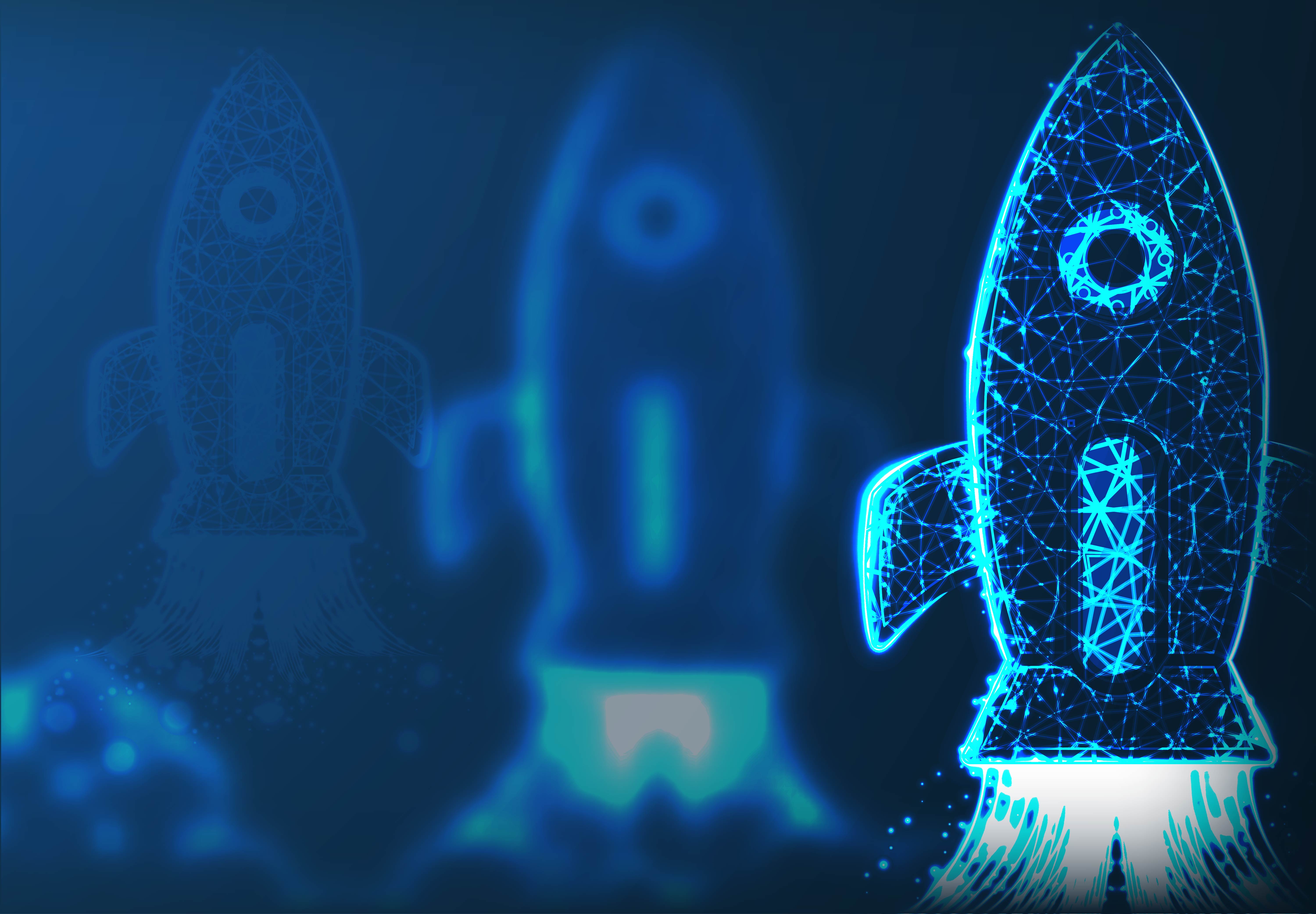 A wireframe rocket, symbolizing the launch of the website