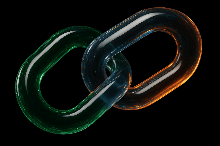 Two transluscent chain links set against a black background