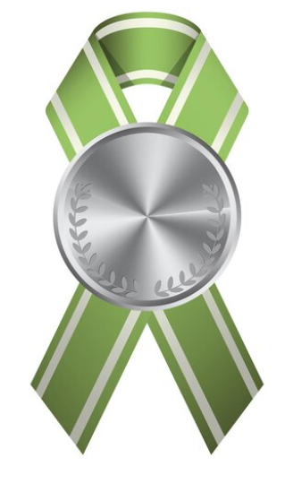 A medal with laurel leaves atop a green ribbon