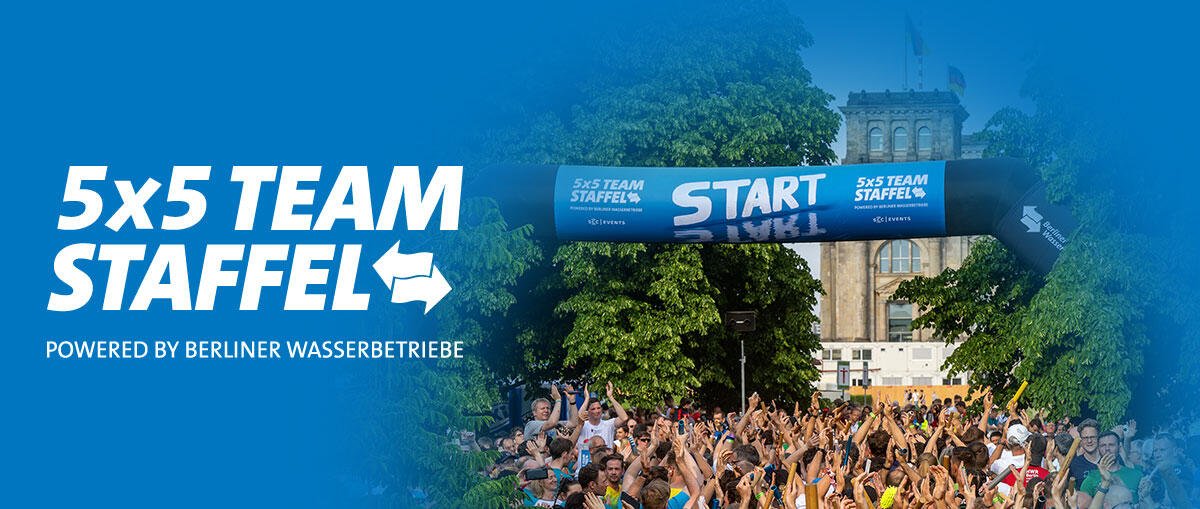 Logo and picture for the 5x5 Team Staffel, with white letters on a blue background around a photo of a crowd of runners