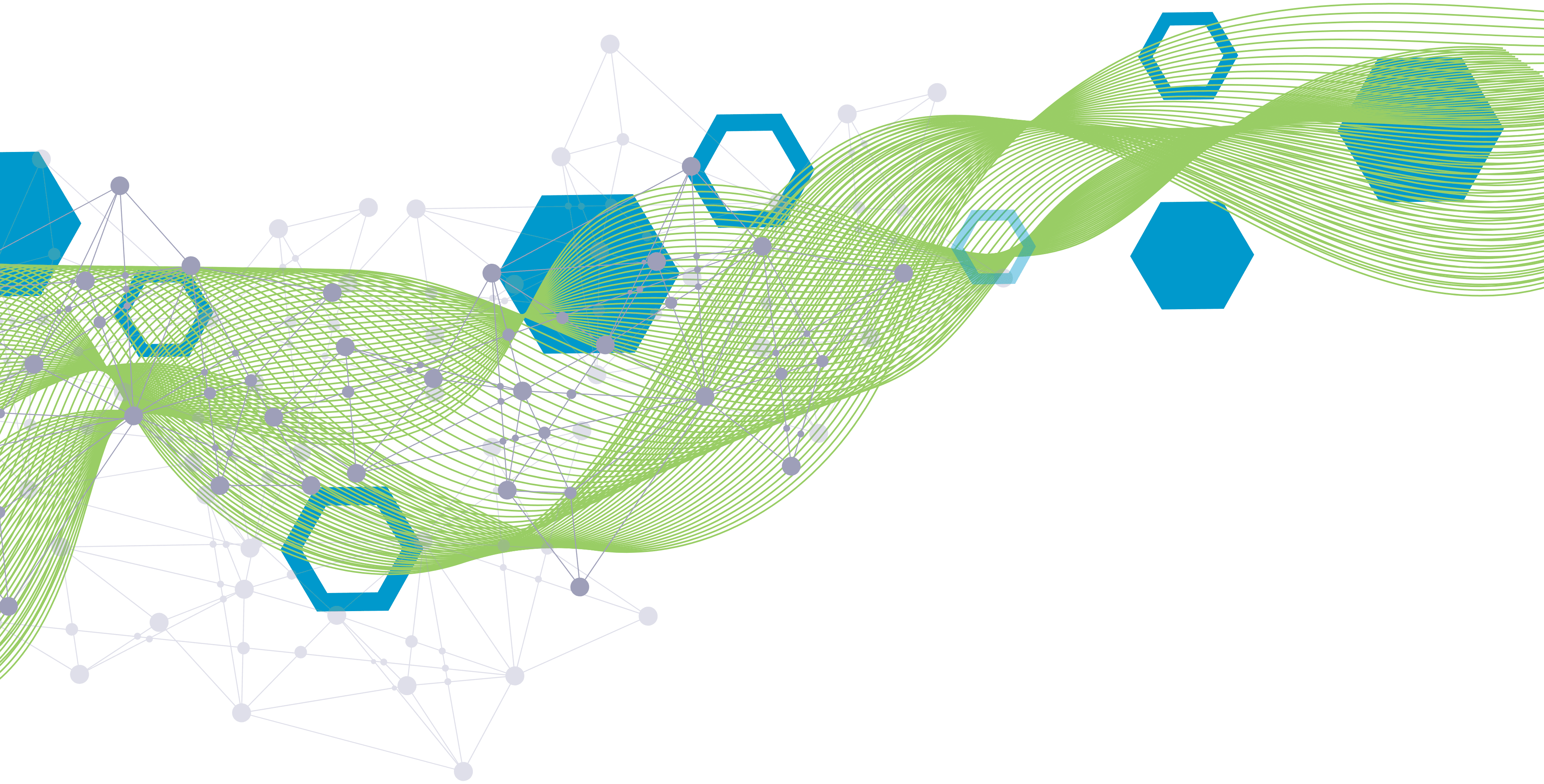 An abstract pattern of green waves and blue hexagons, symbolizing the interconnections in pharma research and data management