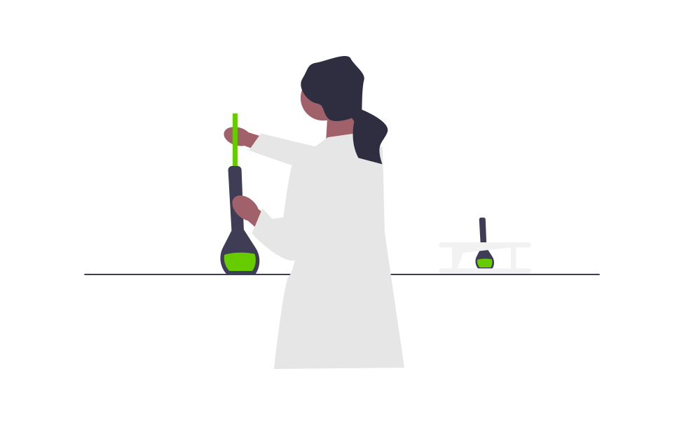 A stylized illustration of a person with shoulder-length hair in a ponytail, wearing a white lab coat and mixing something in a flask.