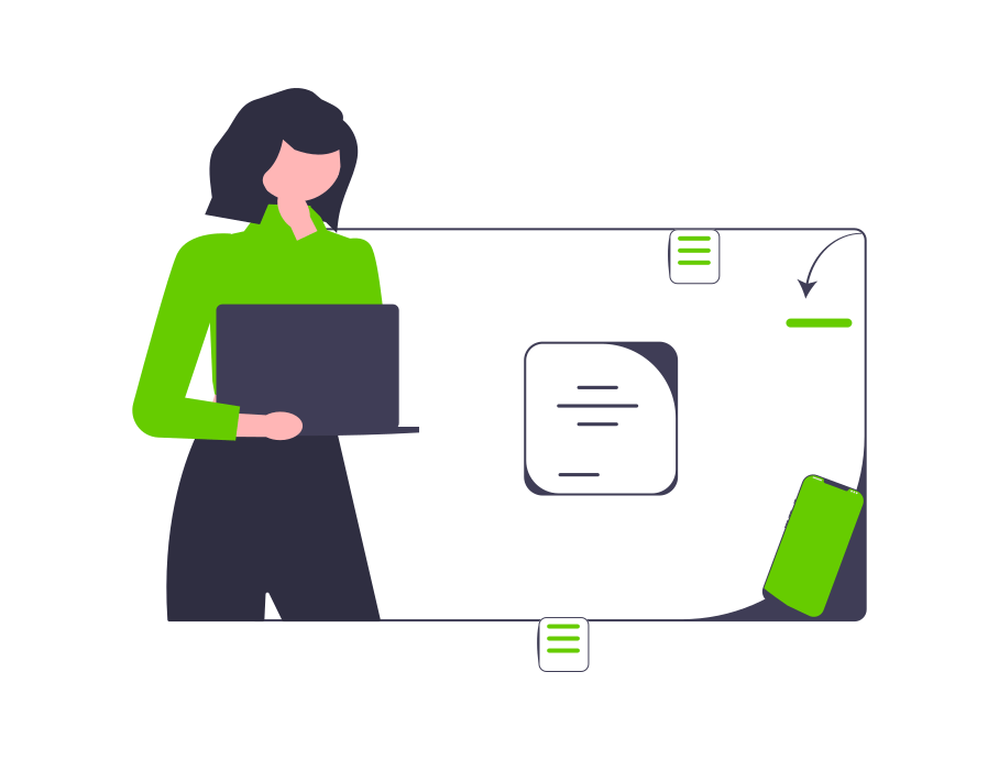 Stylized illustration of a person carrying a laptop computer; in the background are elements that might be found on the screen plus a tablet, all symbolizing the work of a director of statistical programming.