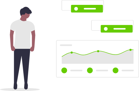 A stylized illustration of a person standing and looking at representations of data with descriptions, symbolizing the study support that PhaLIMS provides..