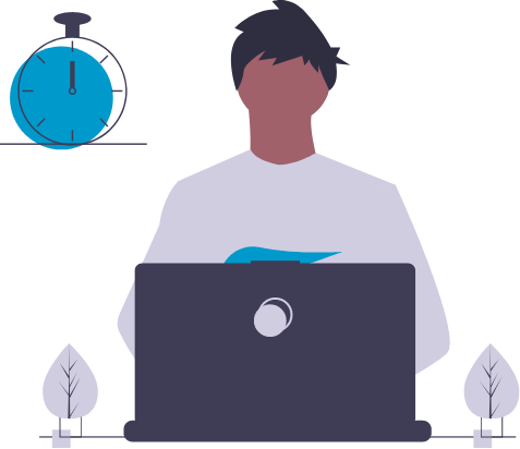 A stylized illustration of a person working on a laptop computer. A stopwatch is in the background, symbolizing productive use of time.