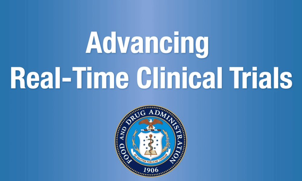 FDA "Advancing Real-Time Clinical Trials" graphic with the US Food and Drug Administration seal – real-time clinical trials and SCEs