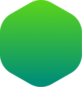 A large green-teal hexagon with rounded corners