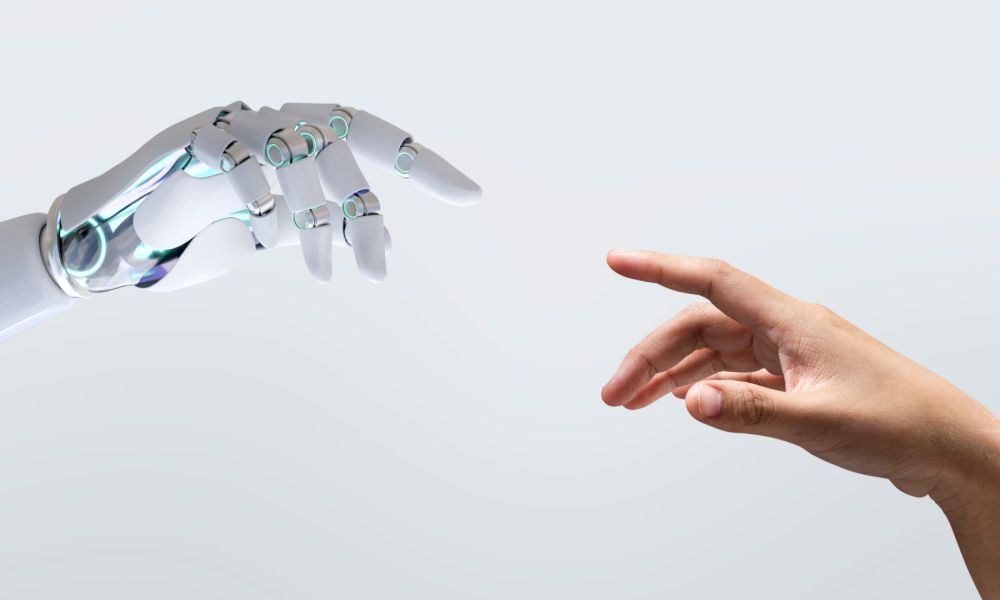 Robotic hand and human hand reaching toward each other – AI in statistical programming