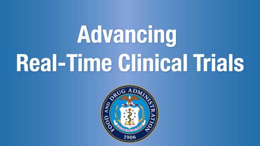 On a blue field, the text "Advancing Real-Time Clinical Trials" in white, places above the official seal of the US Food and Drug Administration